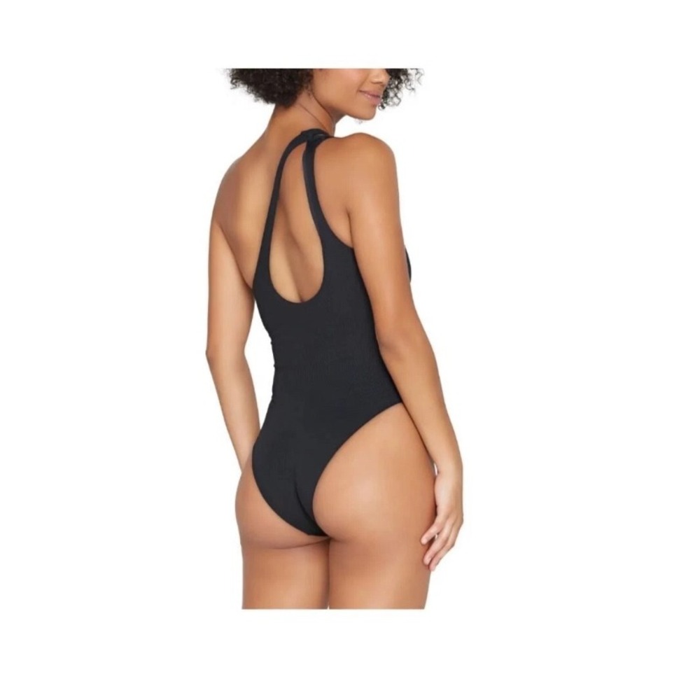 L SPACE Ribbed One Shoulder Swimsuit Black One Piece Size 8 Cutout Back
